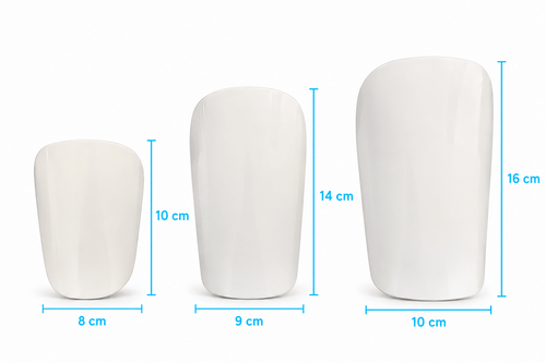 Storleksguide för Adelante benskydd: S 10 × 8 cm, M 14 × 9 cm och L 16 × 10 cm i skala mot varandra