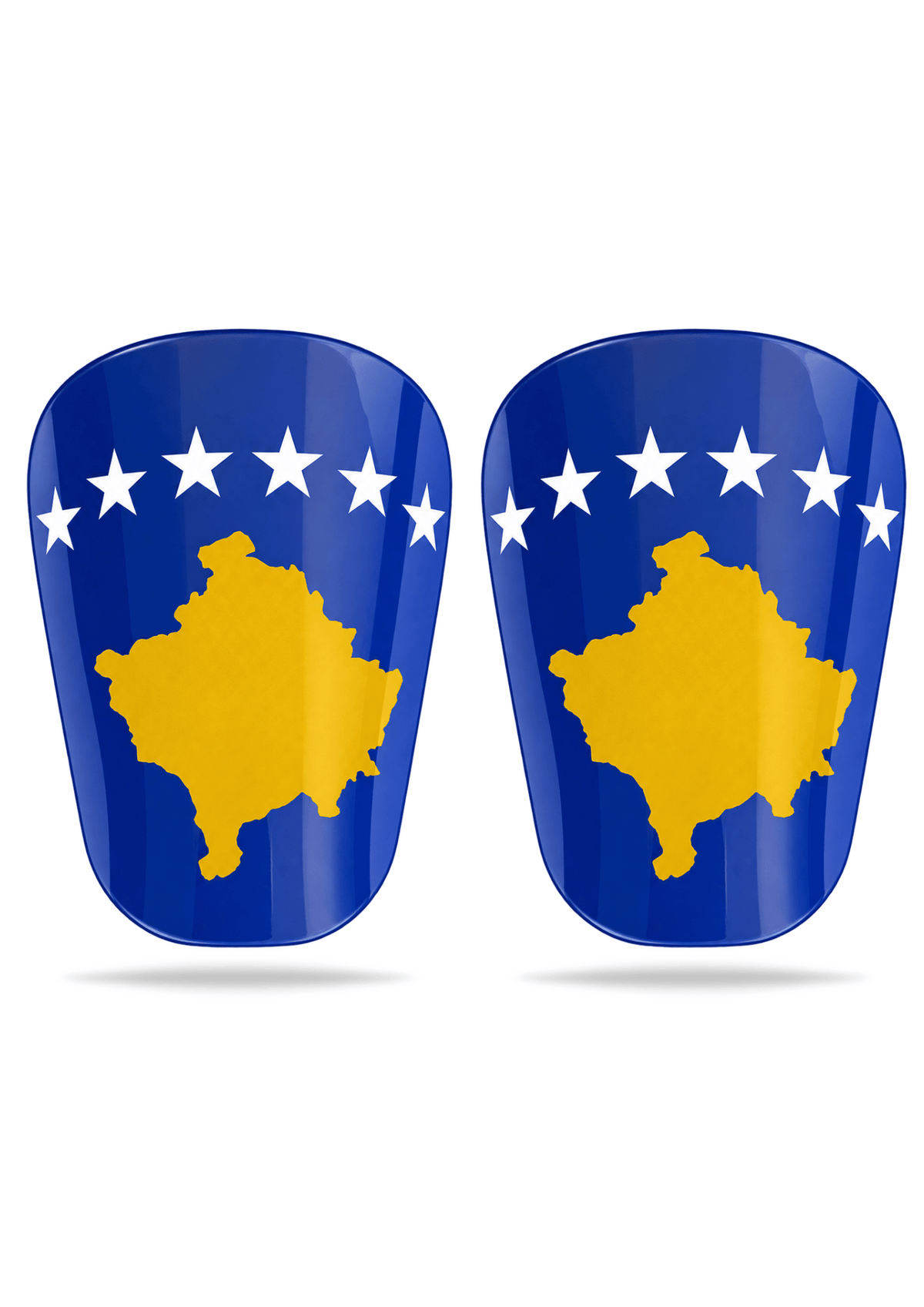 Blå fotbollsbenskydd i Kosovo Edition med gul karta över Kosovo och vita stjärnor.