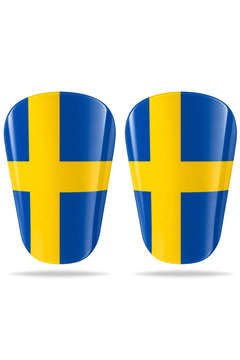 Sverige Edition benskydd med gult kors mot blått, sedda framifrån