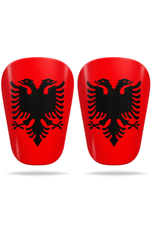 Albanien Edition benskydd med svart dubbelörn mot rött, sedda framifrån