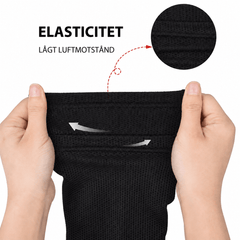 Elastisk svart benskyddshållare i ventilerande material med låg luftmotstånd