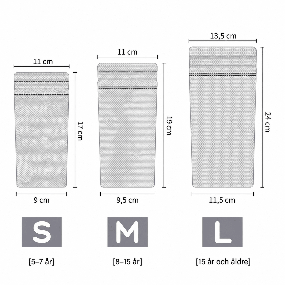 Storleksguide för benskyddshållare: S 17 cm för 5–7 år, M 19 cm för 8–15 år och L 24 cm från 15 år