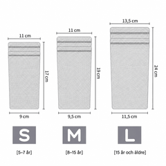 Storleksguide för benskyddshållare: S 17 cm för 5–7 år, M 19 cm för 8–15 år och L 24 cm från 15 år